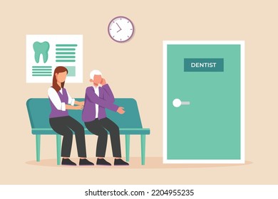 Two people waiting to the Dentist's room. They get their unhealthy teeth .Dentist concept. Colored flat vector illustration.