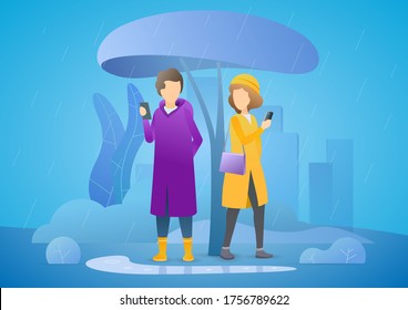 Zwei Leute warten darauf, dass der Regen unter einem Baum endet. Romantischer Moment. Erste Sitzung. Mann und Mädchen mit Mobiltelefonen. Vektorgrafik-Konzept auf blauem Hintergrund. Kreatives Konzept.