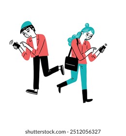 Two people walk while texting on smartphones. They're dressed casually and focused on their screens, illustrating modern digital communication.