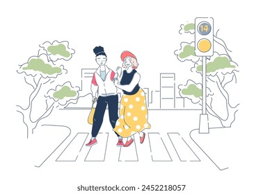 Dos personas caminando a través de un paso de peatones, fondo urbano simplista, concepto de vida casual de la ciudad, amabilidad y asistencia a los ancianos. Estilo minimalista de arte de línea Ilustración vectorial moderna