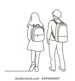Two people walking with backpacks. One is a girl and the other is a boy. They are walking together and looking ahead. Hand drawn vector illustration. Black and white.