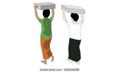 Dos personas caminan con la caja en la cabeza - ilustración
