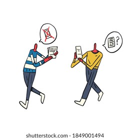 Two People Walking and communication confirmation with bubbles talk. Trendy and Minimalist and Modern design Vector Clip art for social networks, web design
