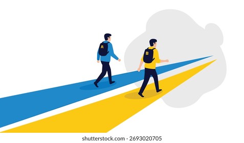 Duas pessoas caminhando em caminhos separados em direção a uma formação de nuvens