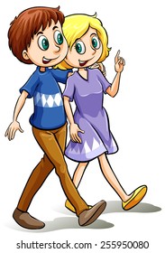 Two people walking on a white background