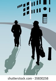 two people walking an the pavement with a hat and a stick