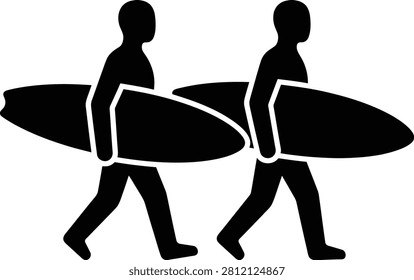 Two people walking together carrying surfboards vector icon flat design