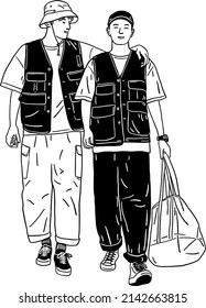 Two People walking Young man Camping style Hand drawn line art illustration
