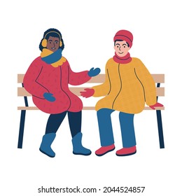 Two people in warm winter coats sitting on a bench and having a friendly conversation. Cosy outdoor winter scene. Flat style isolated vector illustration.