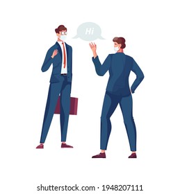 Two People Waving To Each Other Keeping Social Distance Flat Vector Illustration