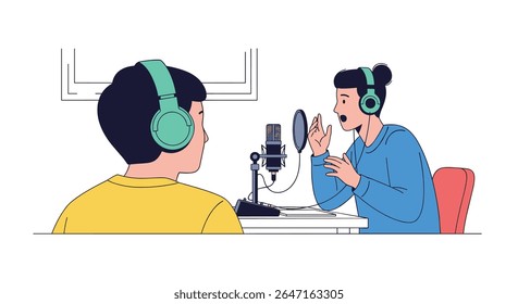 Duas pessoas usando fones de ouvido em um estúdio de gravação com microfones