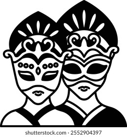 Two people wearing masks with black and white designs