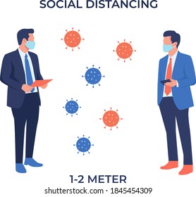 Two people wearing masks keep distance 2 m signage 
flat character design vector. Social distancing new normal concept.
