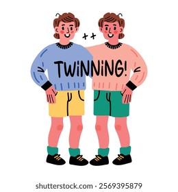 Two people wearing matching outfits with twinning typography 