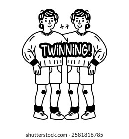 Two people wearing matching outfits with twinning typography, glyph style sticker 