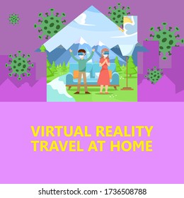 Two people wearing protection masks are simulating nature tourism at home with Virtual reality VR. Vector illustration flat graphic design for Couple travel concept during pandemics COVID-19.