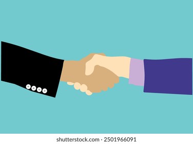 Two people wearing tailored suits shake their hands as a sign of agreement or success. Flat vector illustration.