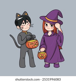 Two people wearing witch and black cat costume holding pumpkin lantern celebrate Halloween