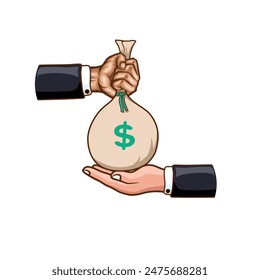 Two people were making a transaction using money in a sack. Businessman giving a money bag and other people hand receiving it