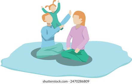 The two people were playing with their children on the carpet