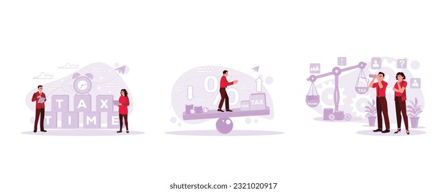 Two people were standing against tax time background. Entrepreneurs strike a balance between taxes and income. In the background, the woman and man use binoculars against tax and income scales. Trend 