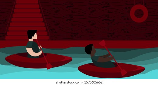 Two people white and black compete in a rowing swim on a canoe engaged in sports rowing red blue palette vector