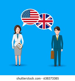 Two people with white speech bubbles with American and Great britain flags. English language conceptual illustration