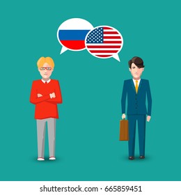 Two people with white speech bubbles with Russia and USA flags. Language study conceptual illustration