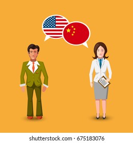 Two people with white speech bubbles with USA and China flags. Language study conceptual illustration