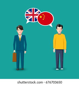 Two people with white speech bubbles with Great britain and China flags. Language study conceptual illustration