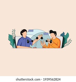 Two people who are broadcasting a podcast.