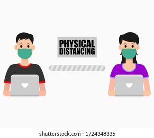 dos personas que operaban portátiles pero permanecían a una distancia física segura y usaban máscaras durante la pandemia del virus de la corona