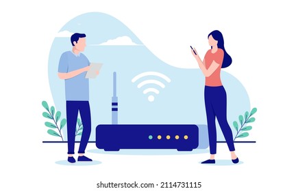 Two people with wifi router - Man and woman with casual clothing using internet connection. Flat design vector illustration with white background