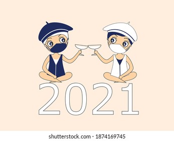Two people wish each other a Happy New Year with a mask against covid-19