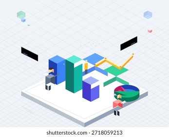 Two people work in a digital space analyzing data represented by various charts and graphs. They focus on trends shown in the visuals on the screen.