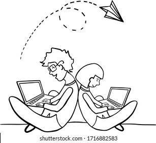 Dos personas trabajan desde casa. Ilustración del vector 