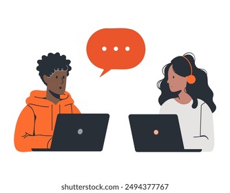 Two people work together and discuss their tasks in front of their computers. Communication. Flat style vector illustration