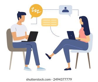 Two people work together and discuss their tasks in front of their computers. Flat style vector illustration. Business people. 