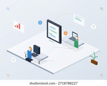 Dos personas trabajan juntas en una oficina. Uno usa una computadora portátil mientras que el otro se sienta en un escritorio con un monitor. Comparten información a través de pantallas digitales. Hay una planta cerca.