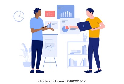 Dos personas trabajando con gráficos y datos - Caracteres con computadora mirando el gráfico financiero y el diagrama analizando los resultados. Ilustración vectorial de diseño plano con fondo blanco