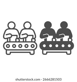 Zwei Personen arbeiten am Förderband mit Boxen Linie und Solid-Icon, Fertigungsarbeitskonzept, Fabrikarbeiterschild auf weißem Hintergrund, Umrissstil-Icon für Mobil- und Web-Design. Vektorgrafiken