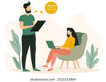 Two people working from home, one standing with a tablet and the other sitting with a laptop, on a neutral background. Concept of online education, home office, business, freelance. Vector