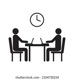 Two people working with laptops silhouette icon. Coworking zone. Office job.