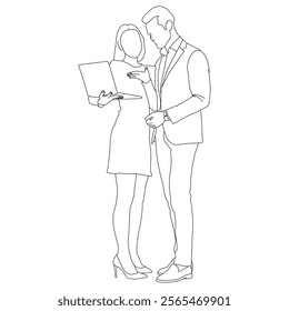 Two people working Line Art vector design. Two people working outline illustration design.