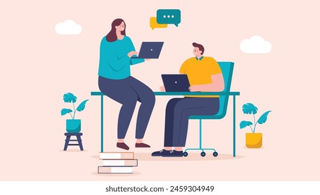 Two people working on computers in office - Man and woman vector characters sitting at desk doing work with laptops having conversation and talking together in flat design