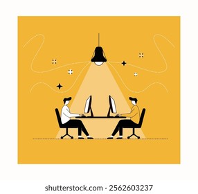 two people working on computers at table, with a lamp overhead and creative elements in the background, representing teamwork and productivity
