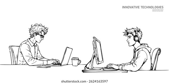Two people working on computers. One wears headphones, other wears glasses, coffee mug nearby. Coworking space tech, programming design startup. Black line art style, side view background