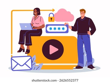 Two people working on cybersecurity with icons of email, cloud, lock, and password, modern flat style, on white background, concept of data protection. Vector illustration