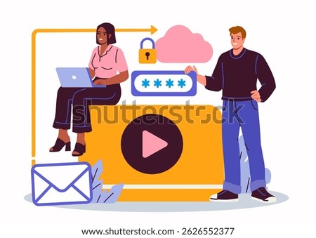 Two people working on cybersecurity with icons of email, cloud, lock, and password, modern flat style, on white background, concept of data protection. Vector illustration