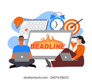 Two people working on laptops in front of a screen showing the word Deadline with fire, surrounded by a calendar, clock, target, and light bulb, on a white background. Vector illustration